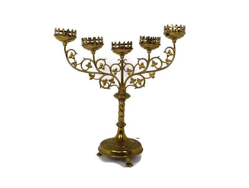 Candle Holder  Brass  Ornate Hollywood Regency Style Stylish Candelabra 5 Arm Le