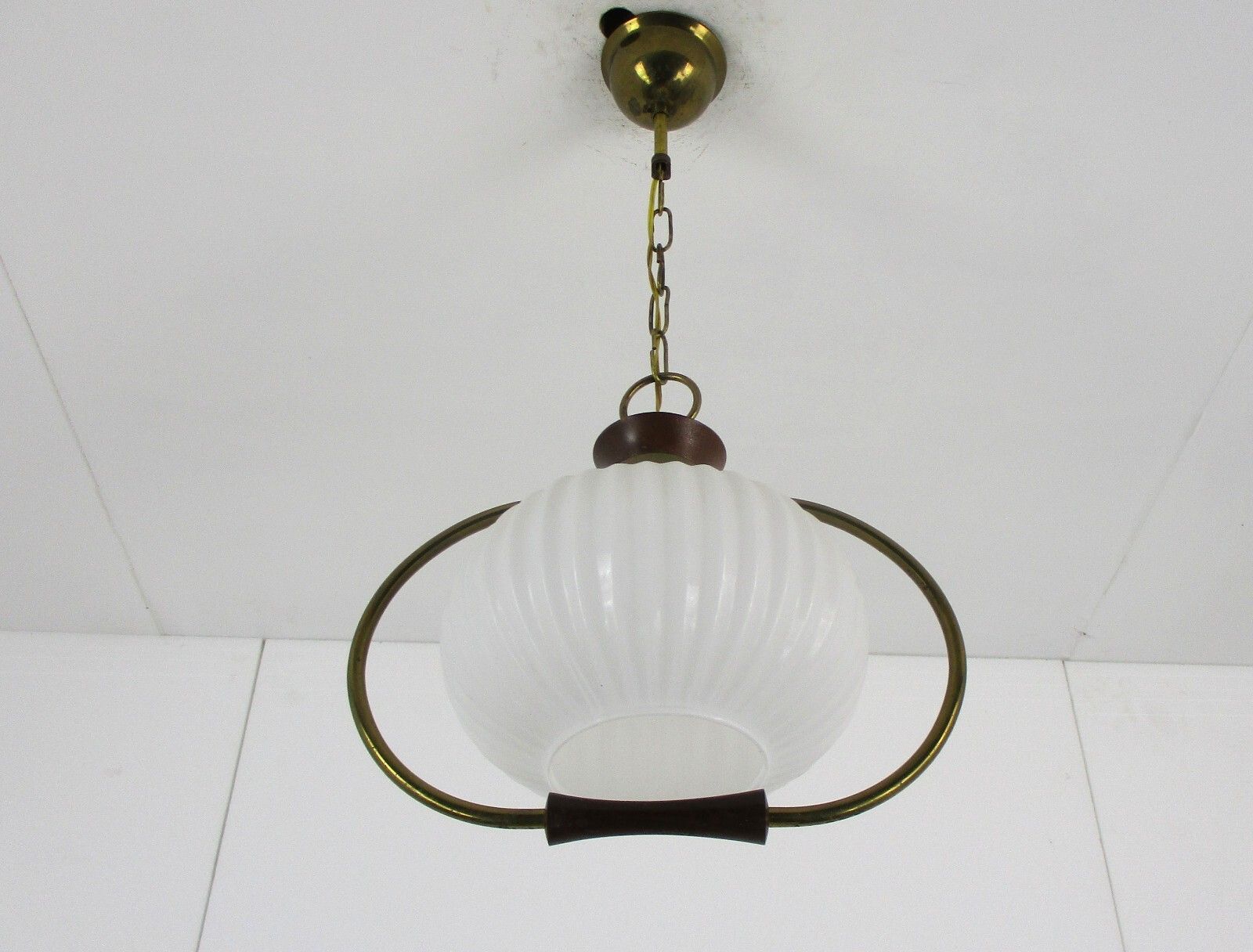 Danish Modern Chandelier Pendant Teak Brass Opaline Glass Atomic Louis Kalff photo Lighting