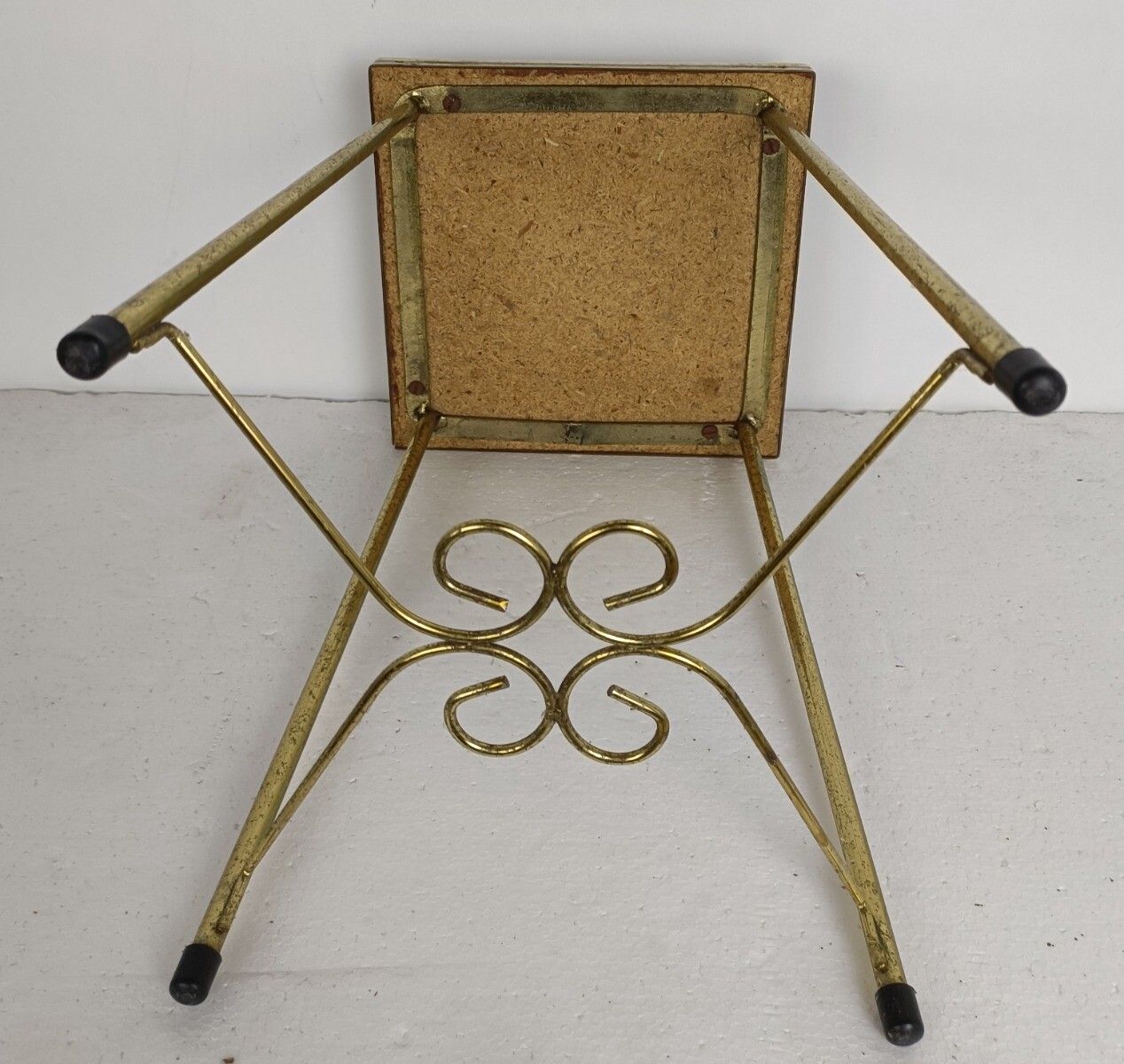 photo furniture Lovely Small Side Occasional Table Brass Legs Veneer Top Modernist Vintage