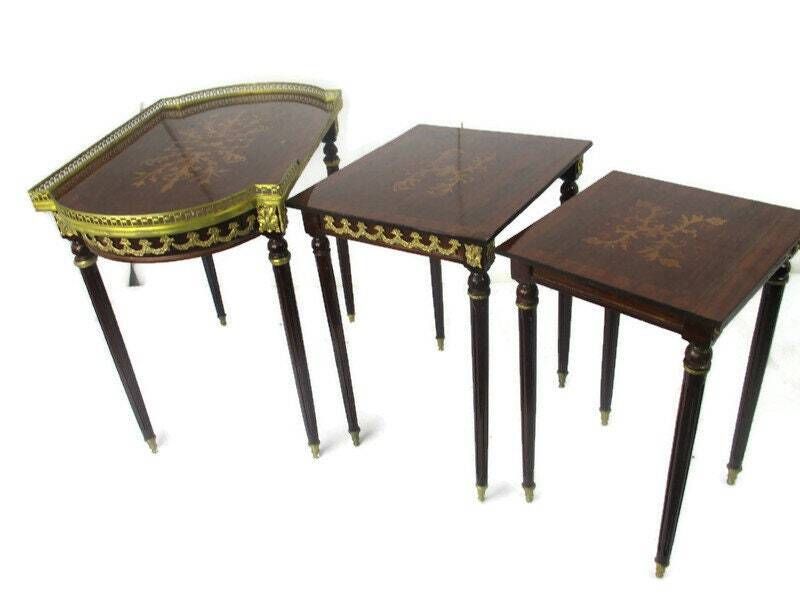 Set Of 3 Vintage Nesting Stacking Coffee Side Tables Brass Marquetry Italy Itali