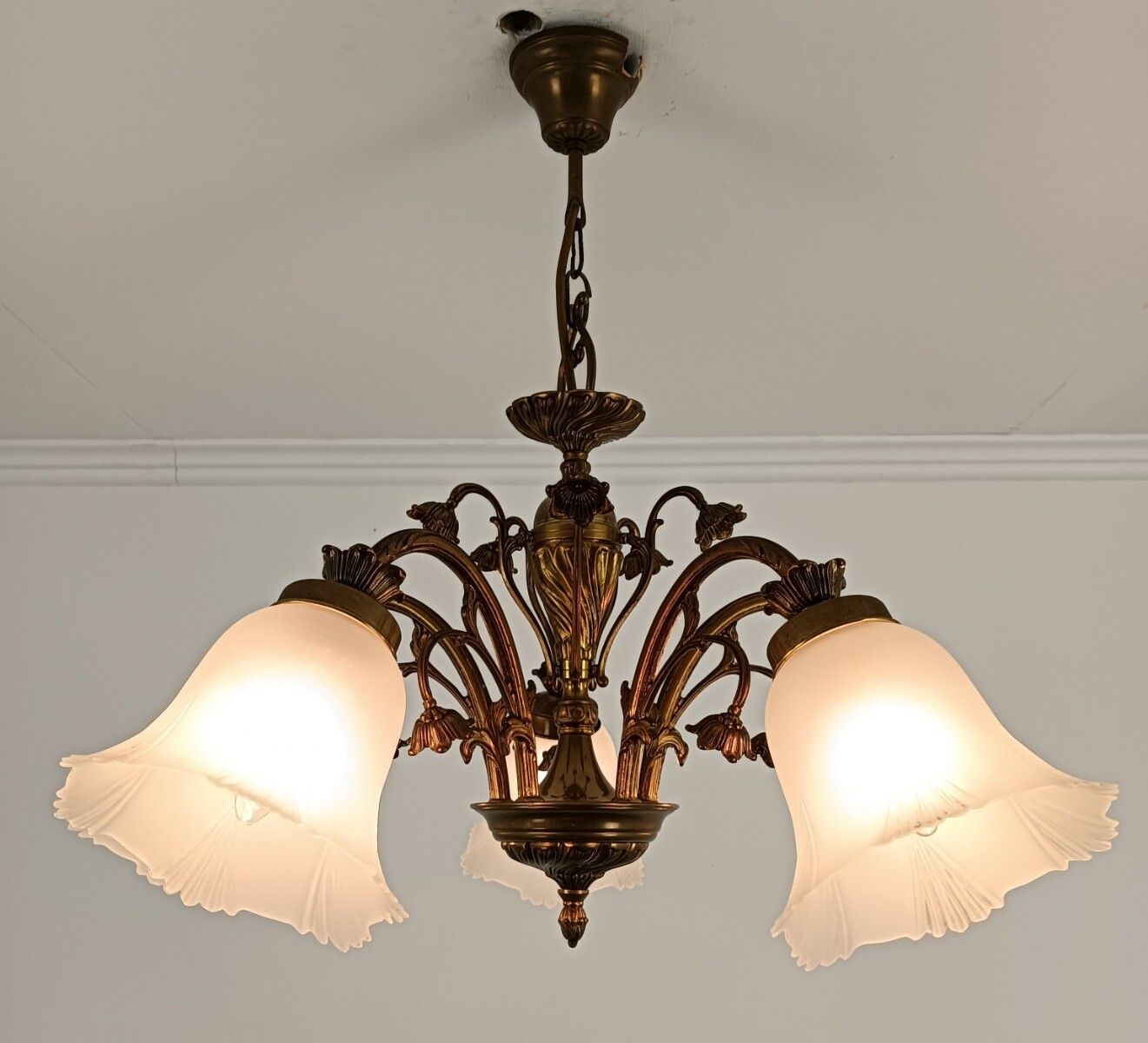 Chandelier Vintage France Frosted Glass Shades Brass Ornate Tulip Flower Shaped photo buy