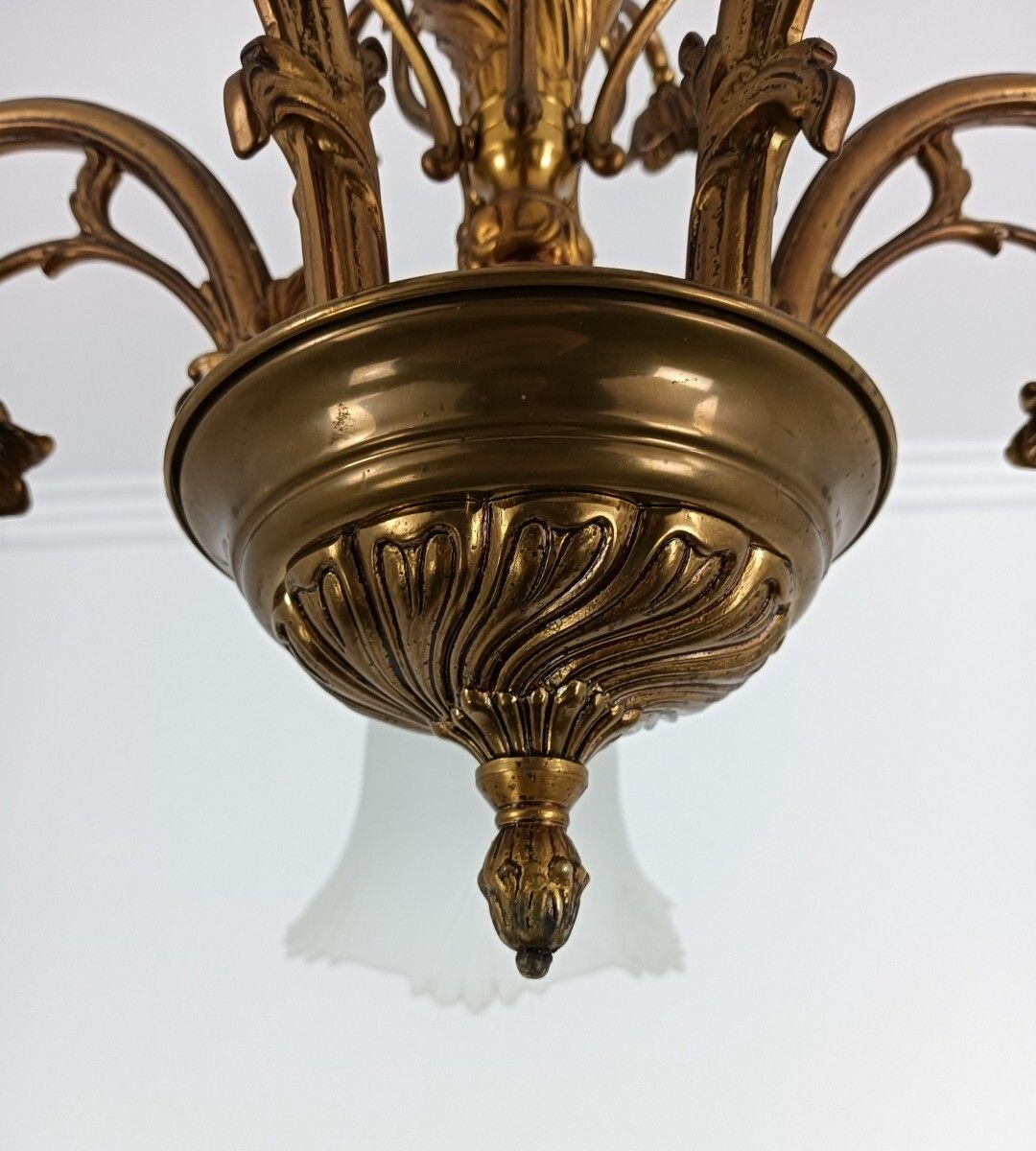 Chandelier Vintage France Frosted Glass Shades Brass Ornate Tulip Flower Shaped photo vintage