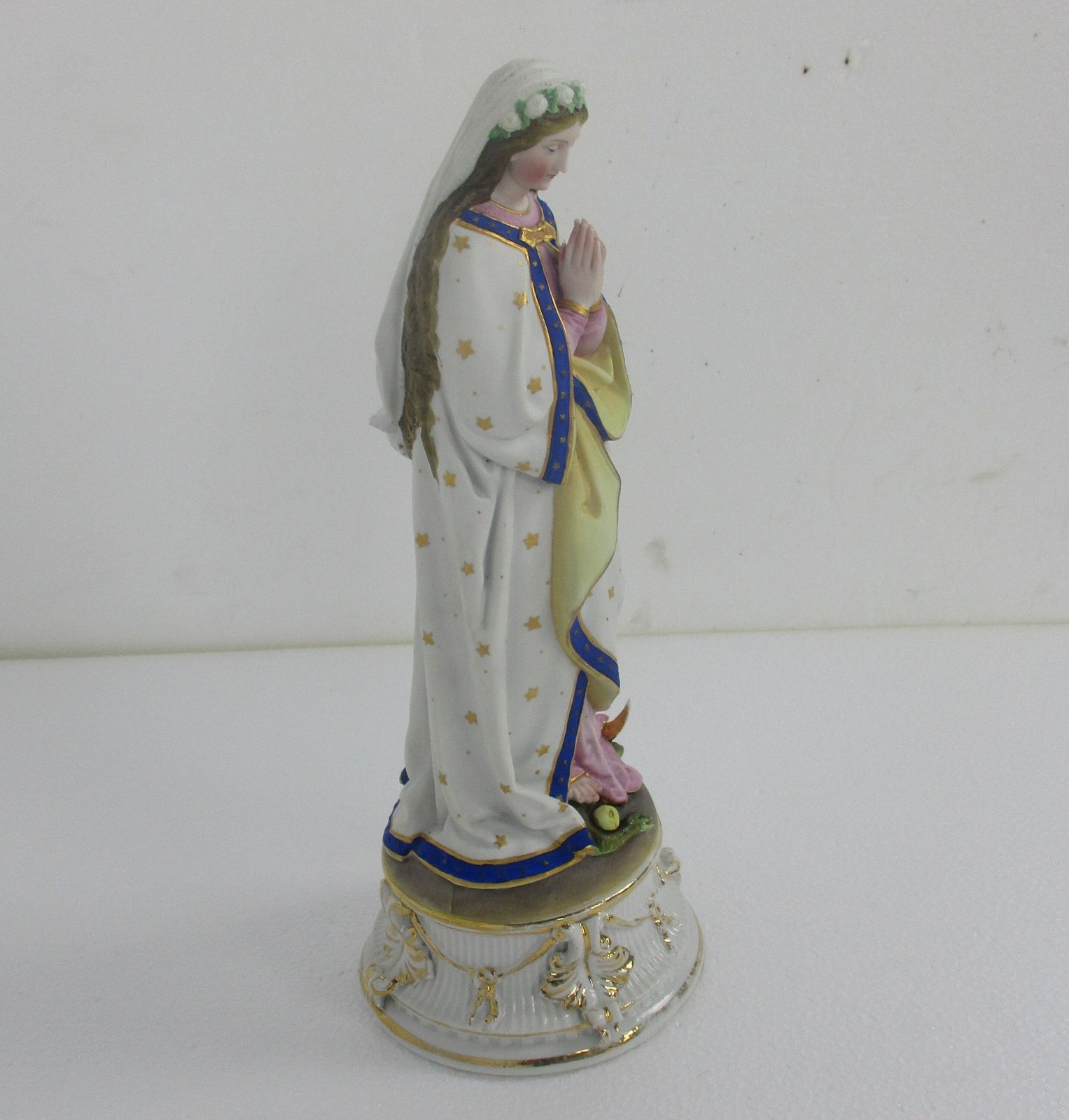 French Antique Bisque Statue Praying Virgin Mary Lady Madonna  Treading On Snake photo Art