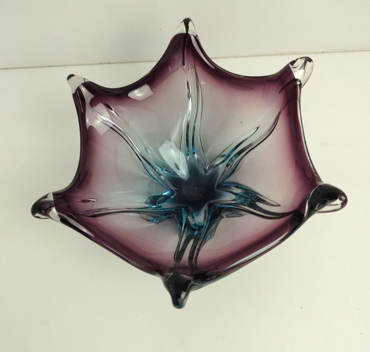 Italian Small Blue Purple Clear Bowl Dish Centerpiece Murano Seguso Art Glass Mo photo furniture
