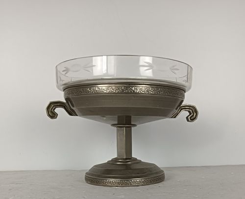Art Deco Spelter  Communion Dish Bowl Centerpiece Ciborium Tray Etched Glass Cat