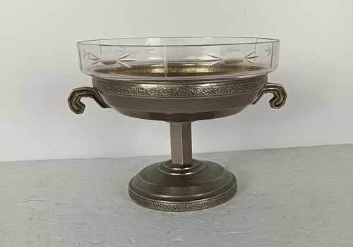 Art Deco Spelter  Communion Dish Bowl Centerpiece Ciborium Tray Etched Glass Cat photo furniture
