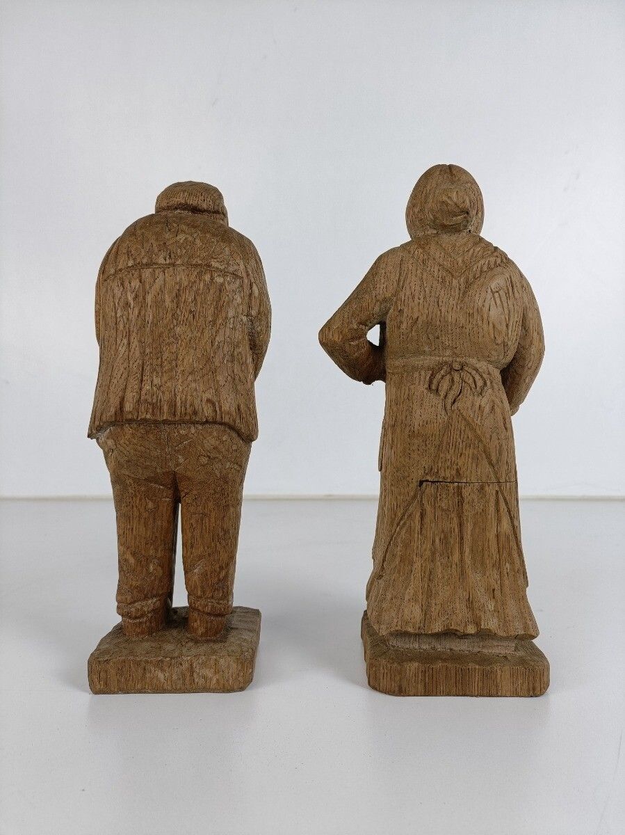 Hand Carved Sculptures Figurines Wood Oak Bruges Folk Art Signed A.L. Couple Man photo Art