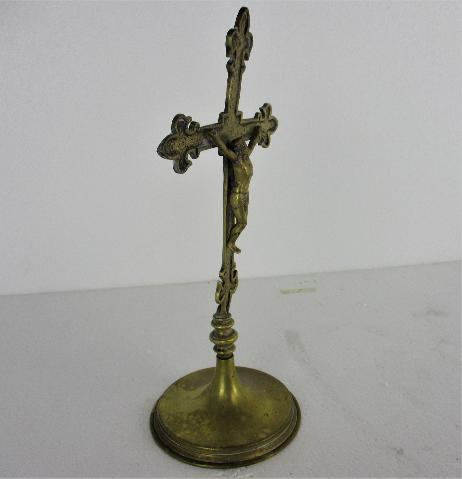 Antique Brass  Jesus Christ Standing Table Cross Crucifix Ornate Art Deco French photo 142.0
