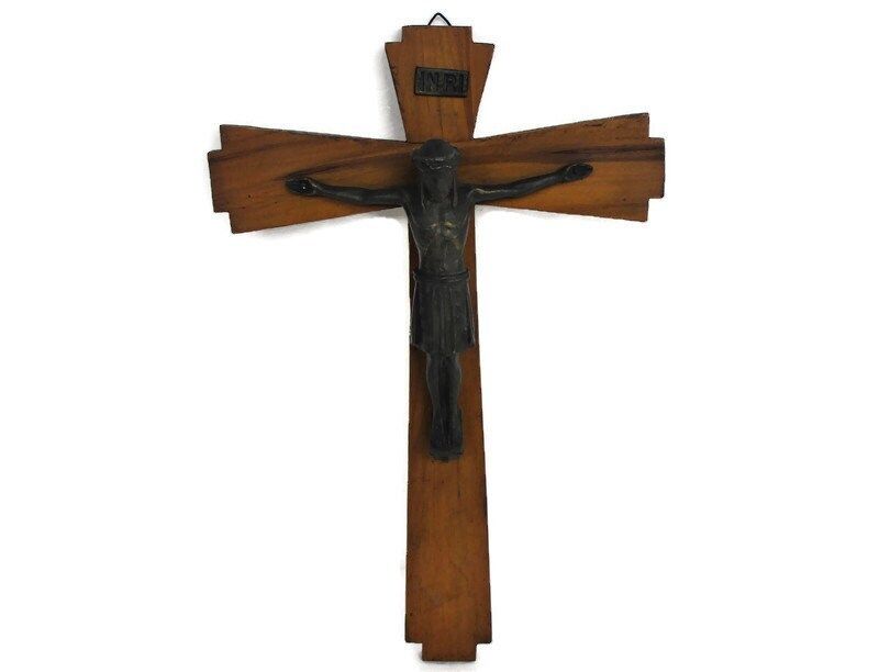 Art Deco Bauhaus Hanging Wall Crucifix Wood Brass Corpus Modernist Jesus Christ