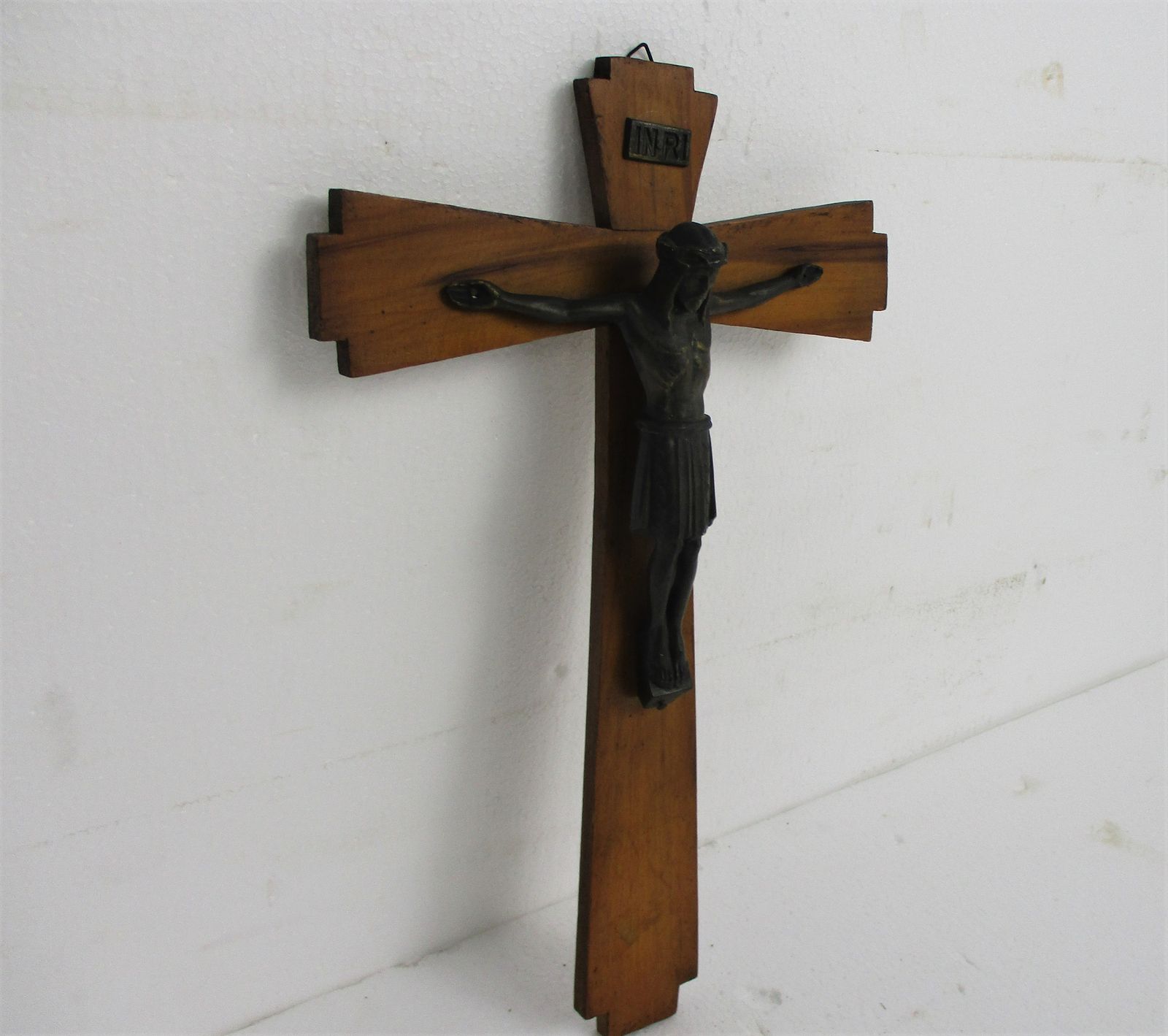 Art Deco Bauhaus Hanging Wall Crucifix Wood Brass Corpus Modernist Jesus Christ photo for sale