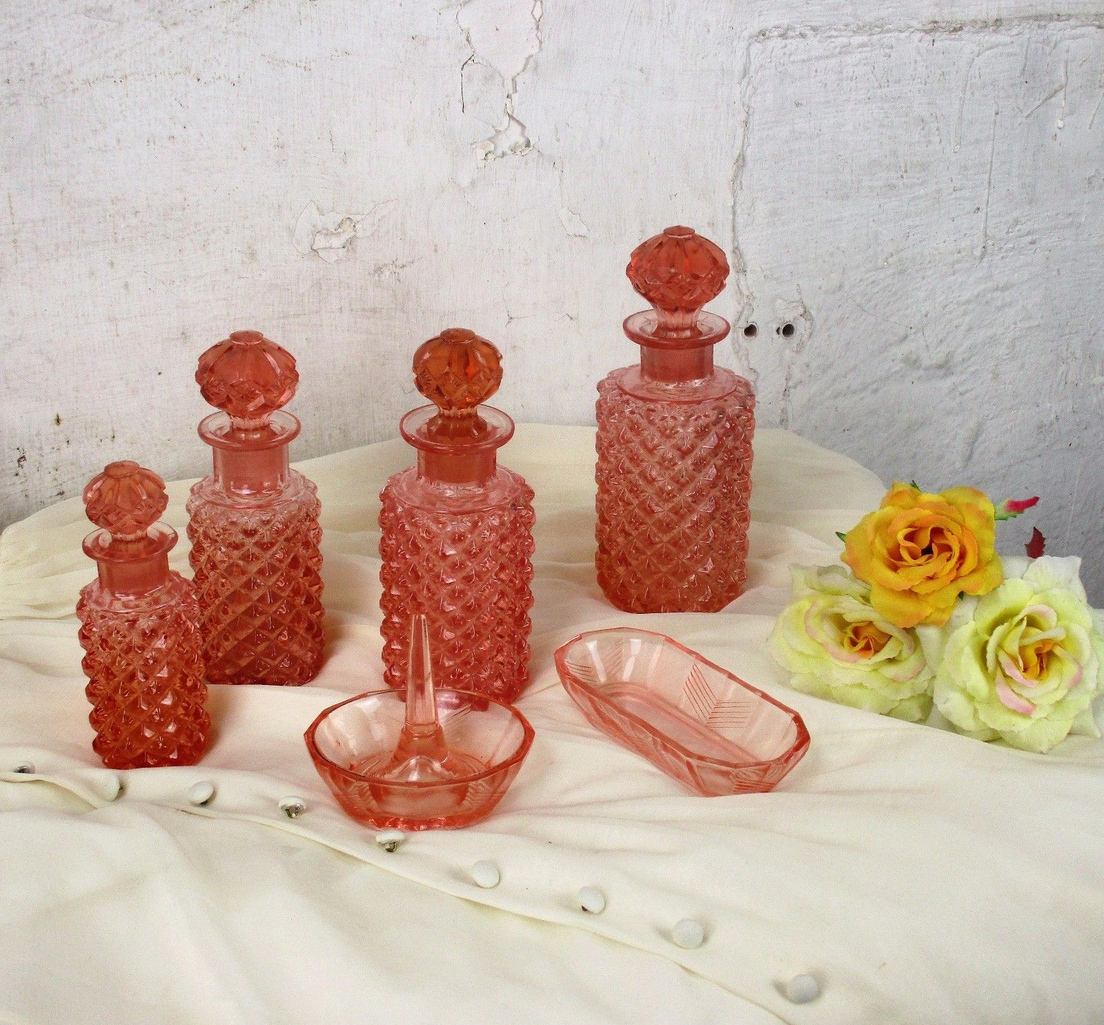 Vanity Dresser Set Depression Glass Pink Bottle Ring Holder 6 Pieces photo furniture