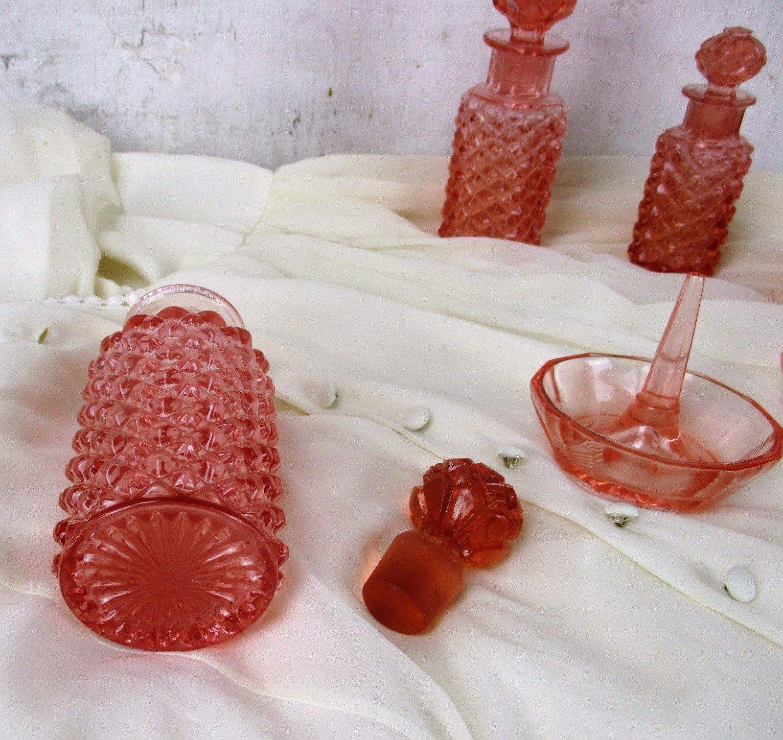 Vanity Dresser Set Depression Glass Pink Bottle Ring Holder 6 Pieces photo vintage
