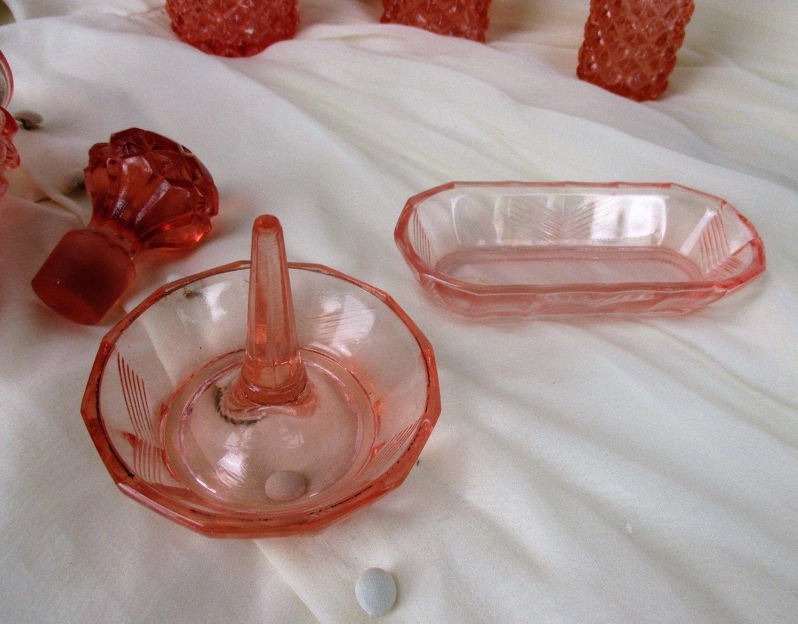 photo for sale Vanity Dresser Set Depression Glass Pink Bottle Ring Holder 6 Pieces