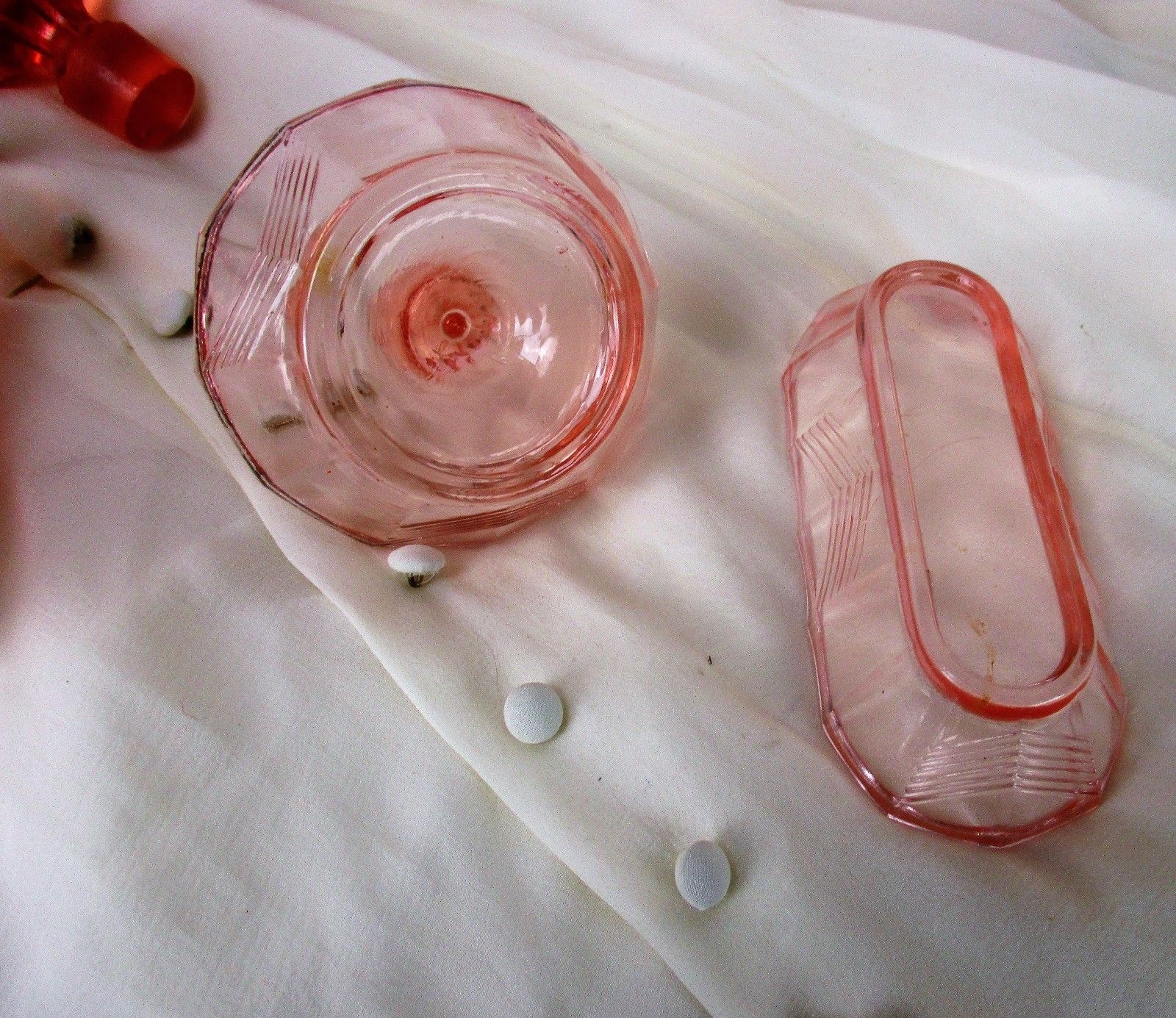 Home Decor Vanity Dresser Set Depression Glass Pink Bottle Ring Holder 6 Pieces photo