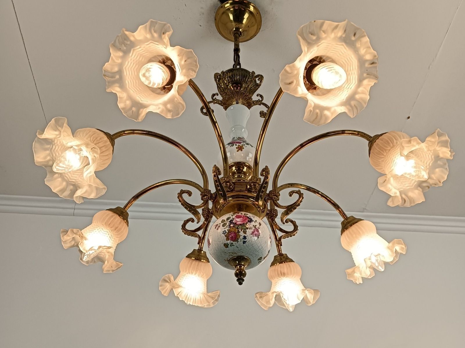 Chandelier Italian Italy Porcelain Tulip Shades Glass Brass 8 Lights Vintage Rom photo buy