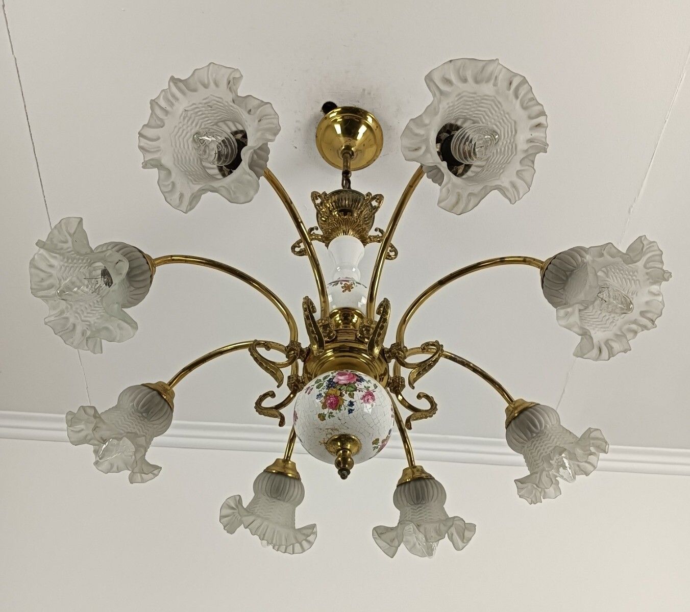 Chandelier Italian Italy Porcelain Tulip Shades Glass Brass 8 Lights Vintage Rom photo vintage