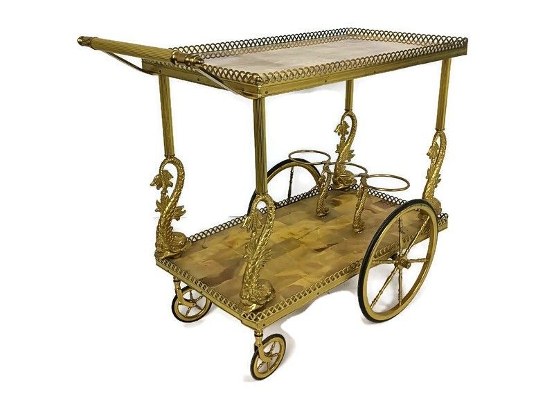 Bar Cart Hollywood Regency  Marble Tops Vintage Brass Fish 2 Tier Serving Cart,