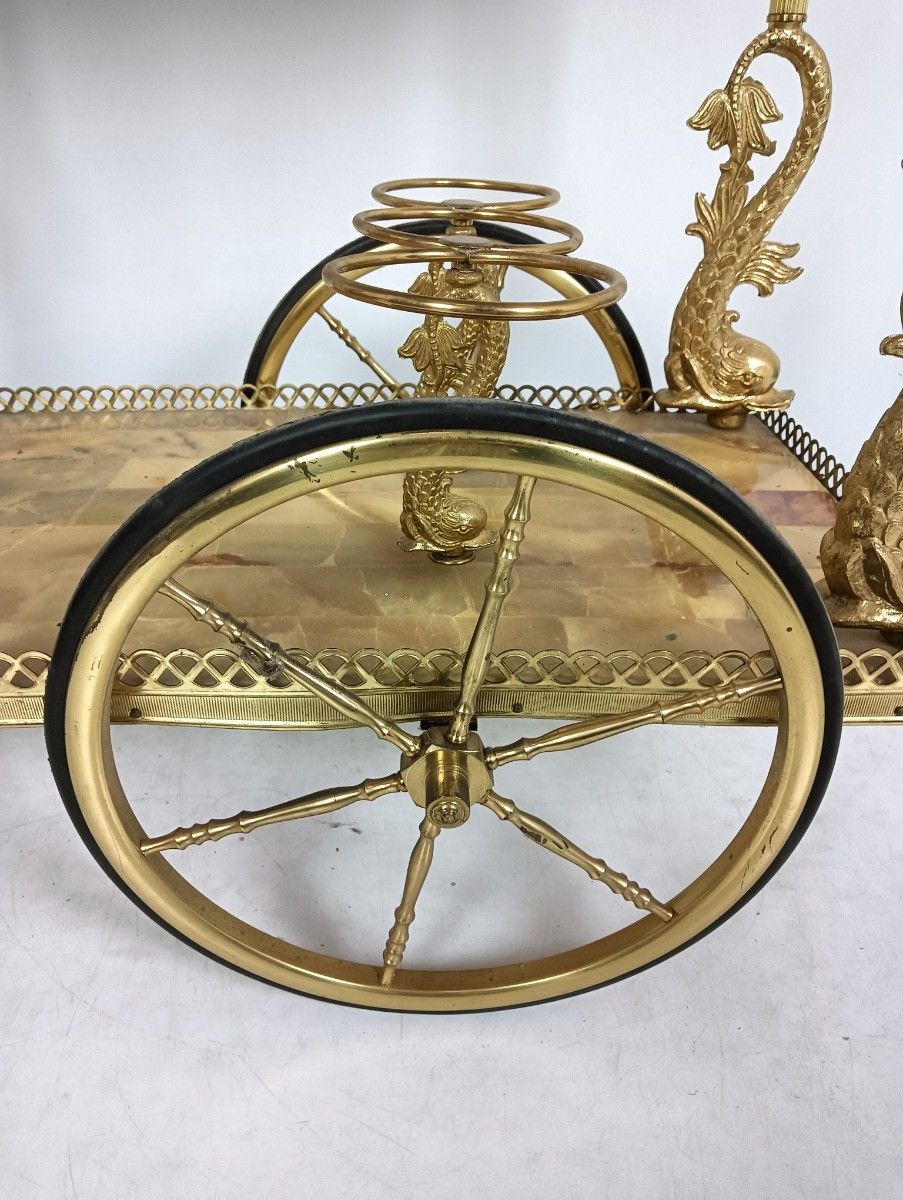 Bar Cart Hollywood Regency  Marble Tops Vintage Brass Fish 2 Tier Serving Cart, photo Furniture