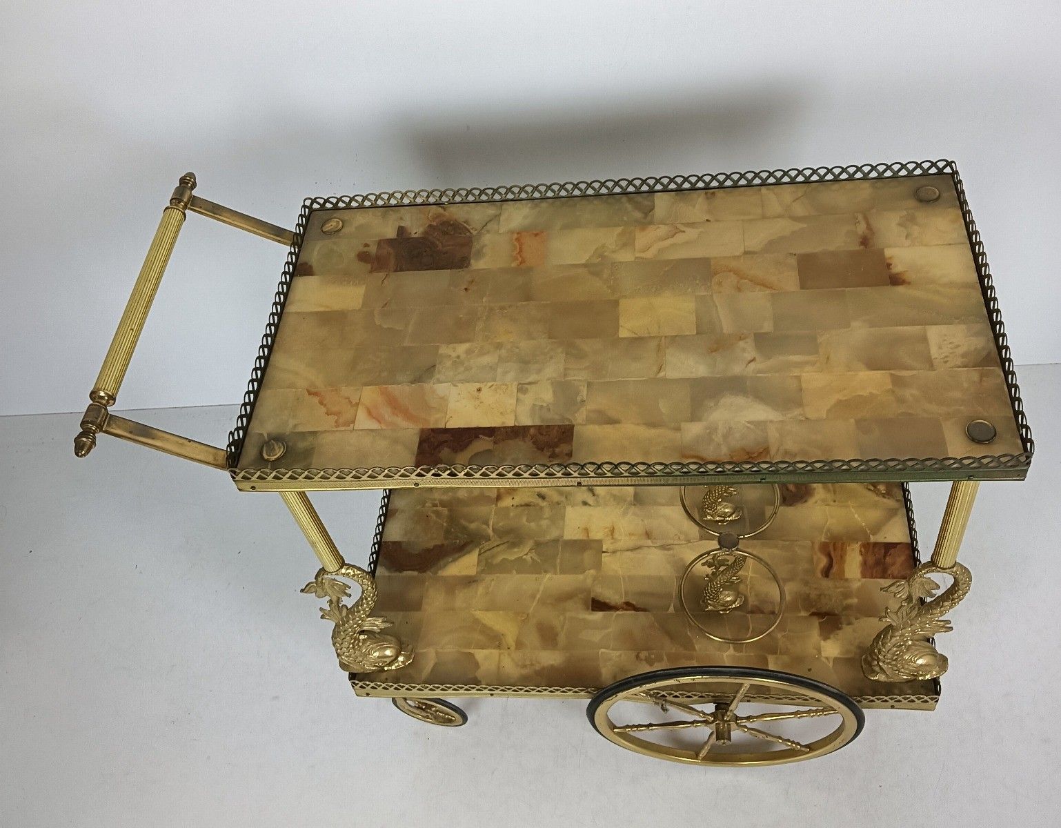 Bar Cart Hollywood Regency  Marble Tops Vintage Brass Fish 2 Tier Serving Cart, photo buy