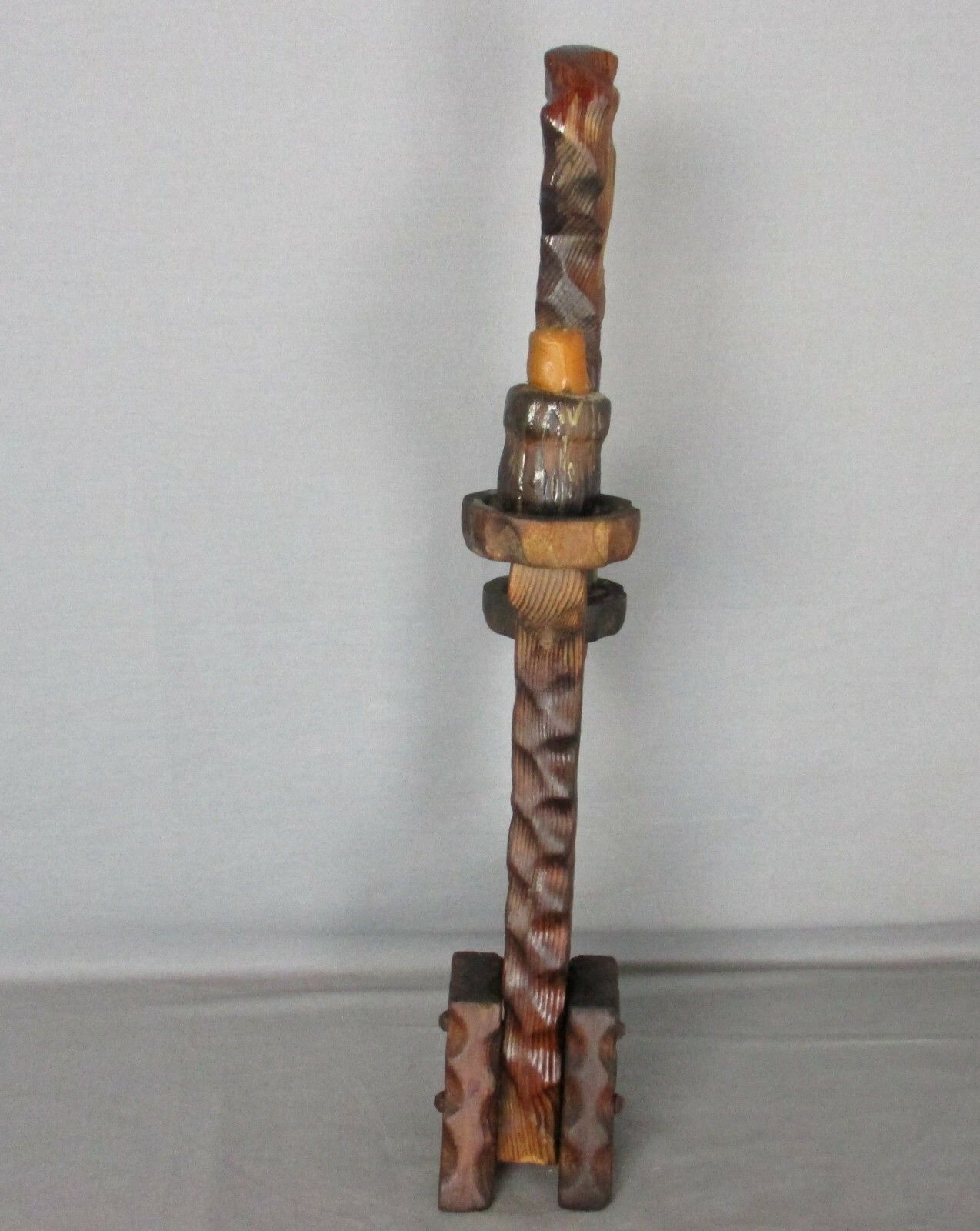 Spanish Hand Carved Wooden  Double  Embossed Candle Holder Stick Candlestick Vtg photo for sale