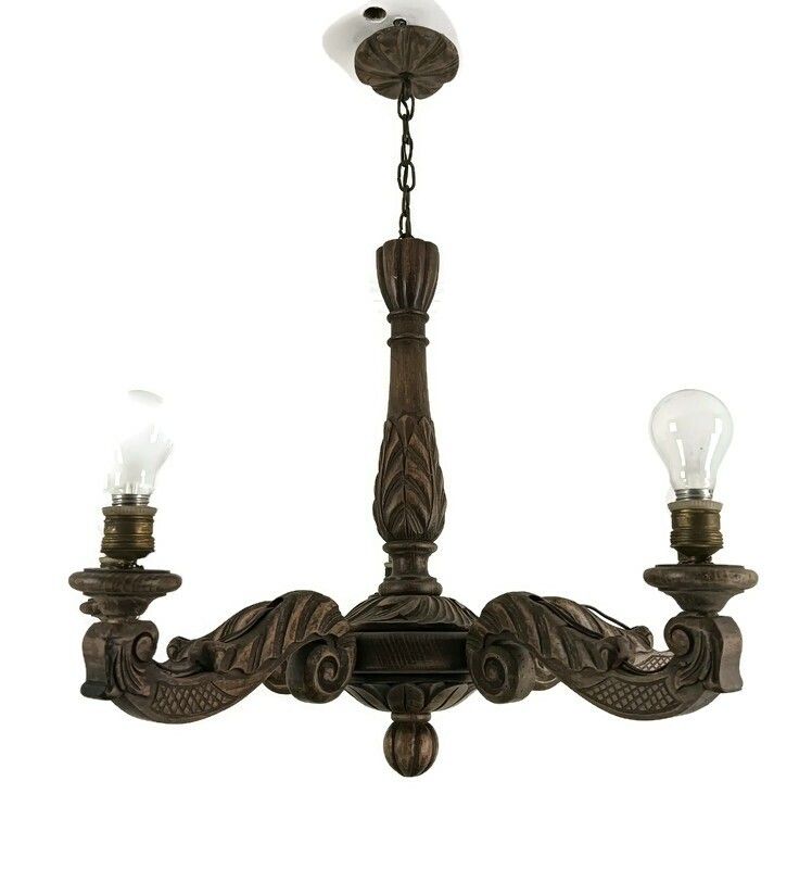 Chandelier Carved Wood Ornate 5 Lights Arms Fixture Lamp Farmhouse Barn Style
