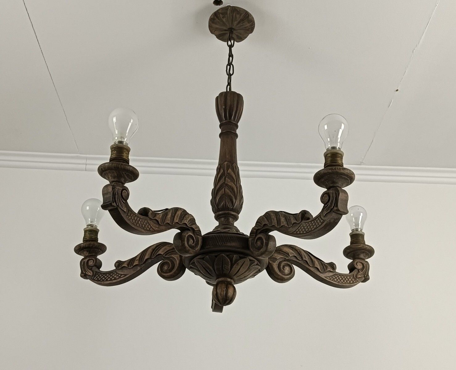 Chandelier Carved Wood Ornate 5 Lights Arms Fixture Lamp Farmhouse Barn Style photo Lighting