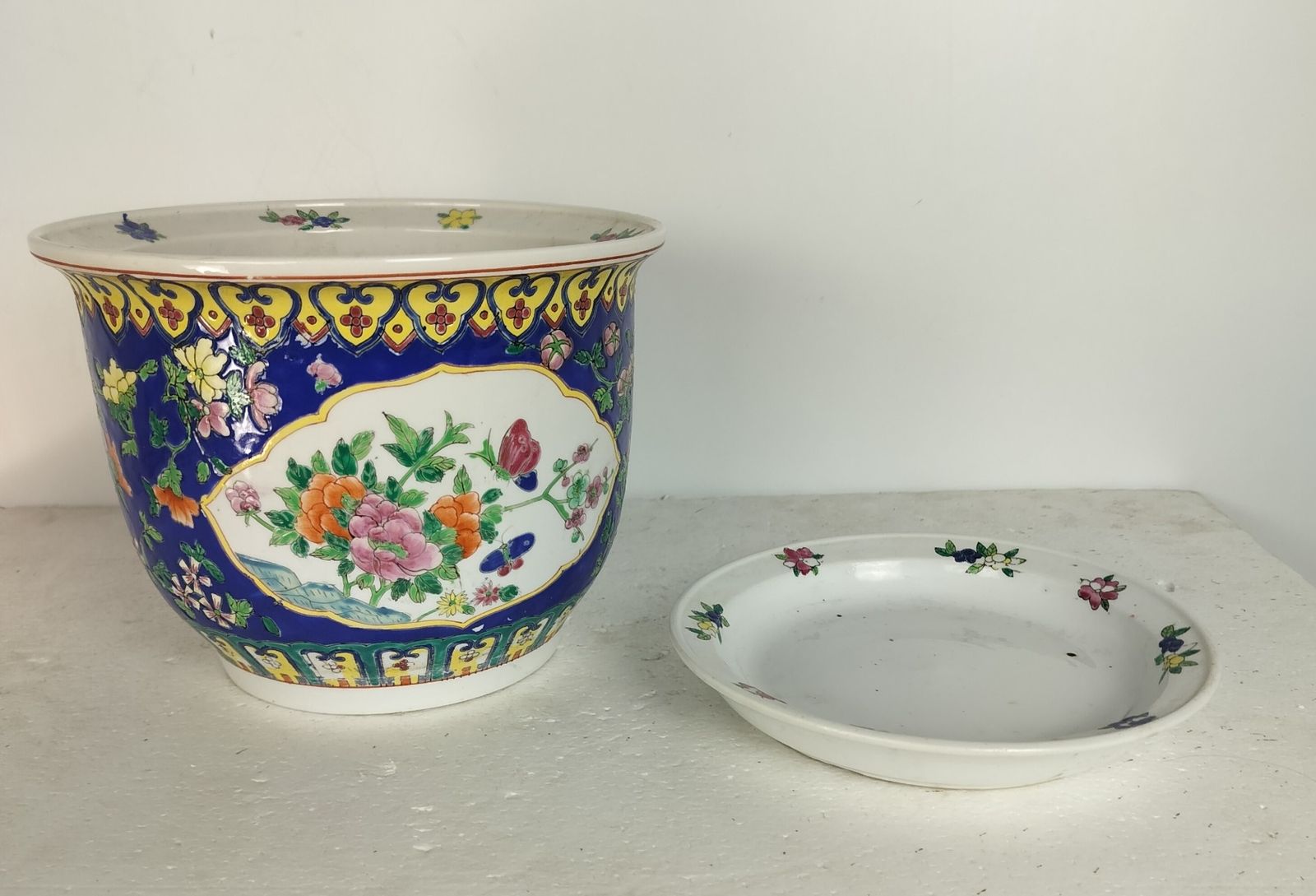 Chinese Porcelain Enamel Koi Fish Bowl Planter Vase Vintage Cachepot With Dish A photo buy