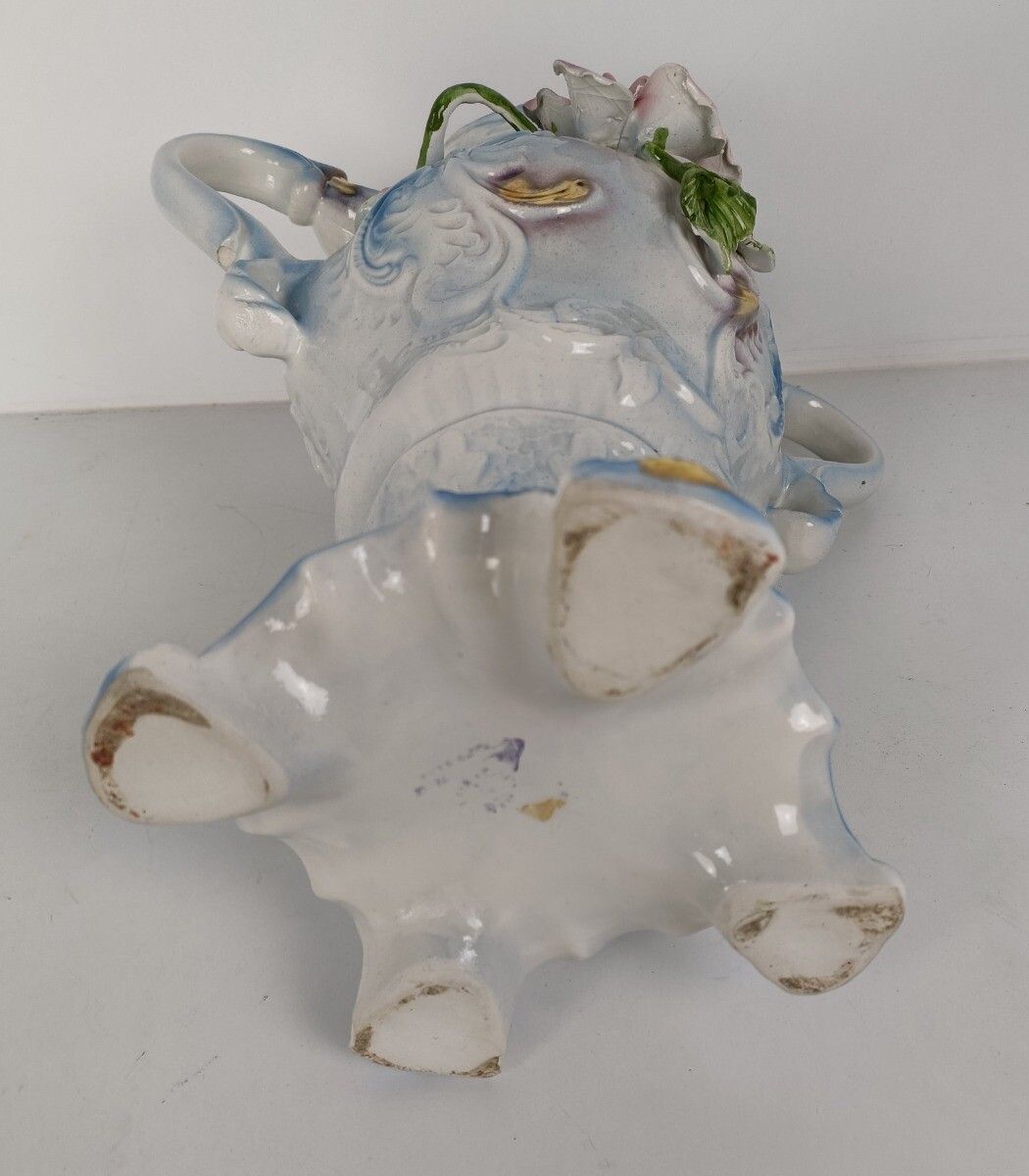Home Decor Gorgeous Large Italian Vase Applied Flowers Capodimonte Style Italy Baroque photo