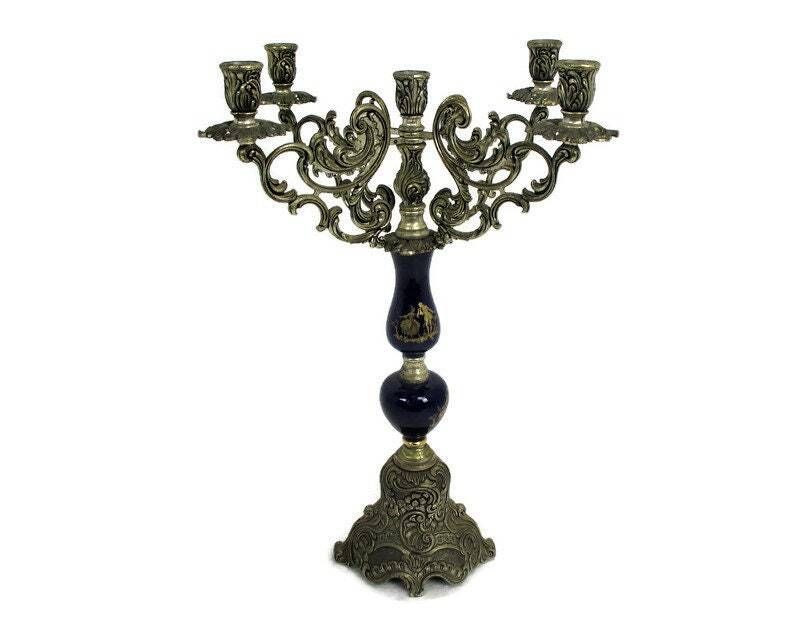 Large Candle Holder Candlestick Candelabra 5 Arm Spelter Limoges Style Blue Porc