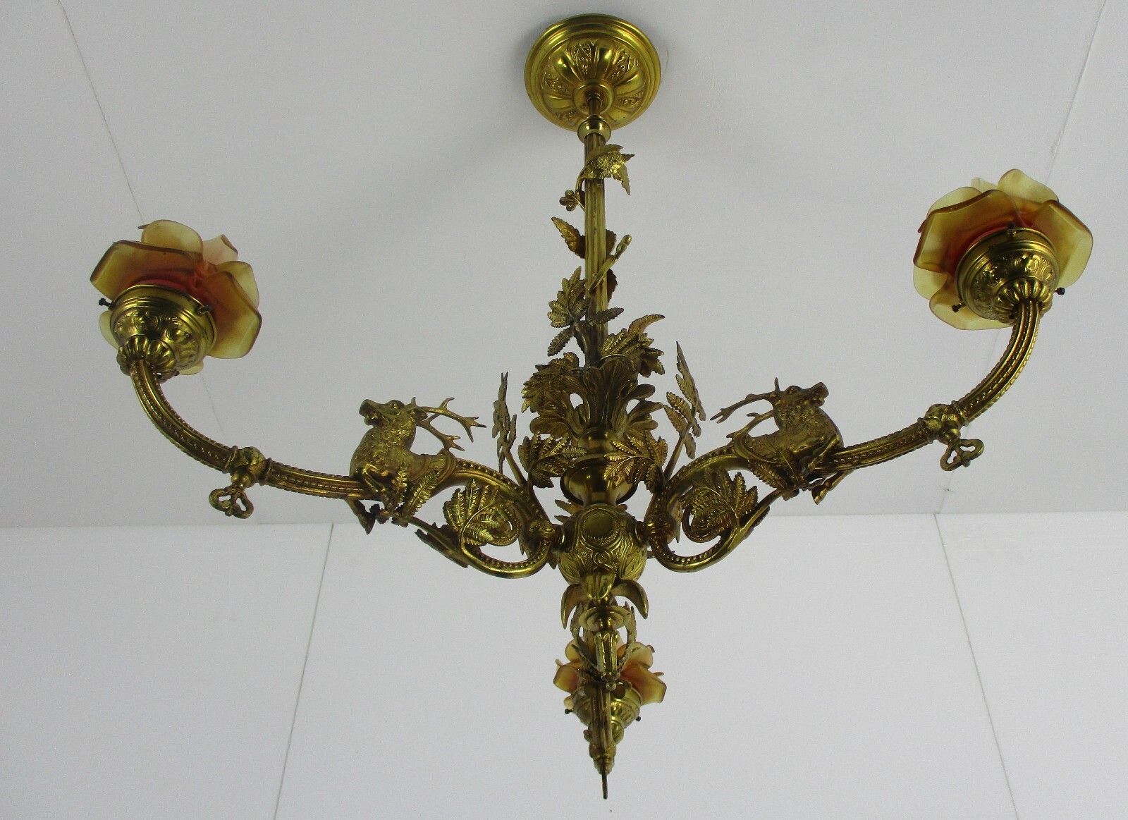 French Impressive Chandelier Bronze Doré 3 Lights Arm Ornate Deer Glass Shade photo 1688.0