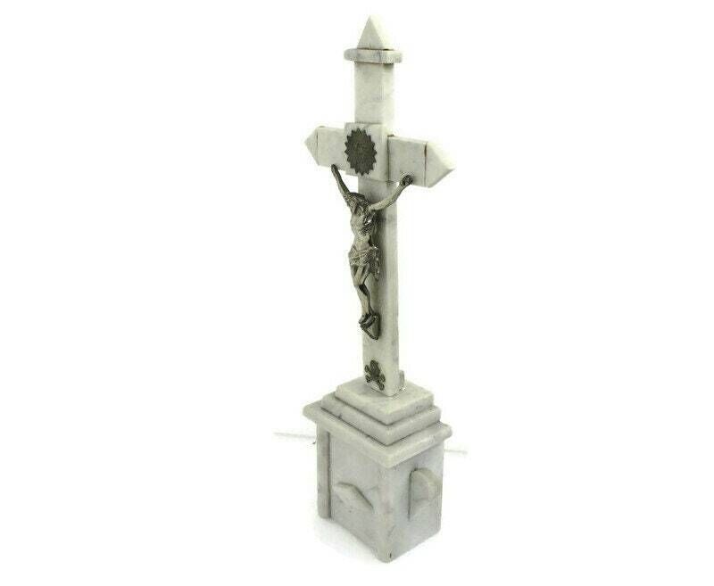 Antique Ornate Marble Onyx Jesus Christ Cross Cross Table Standing Crucifix 17.3