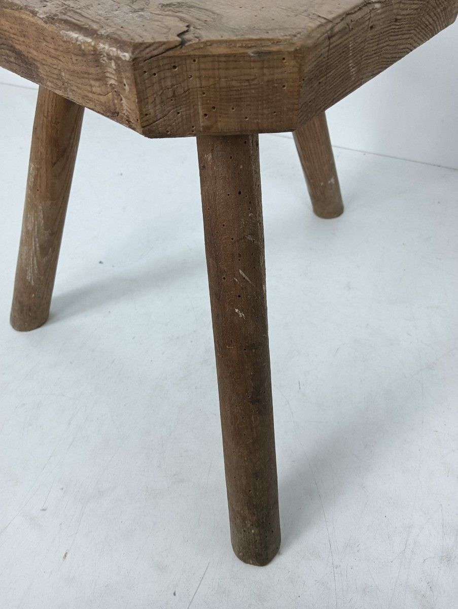 Antique Rustic Milking Stool Tripod Carved Wood Side Table Pedestal Plant Stand photo vintage