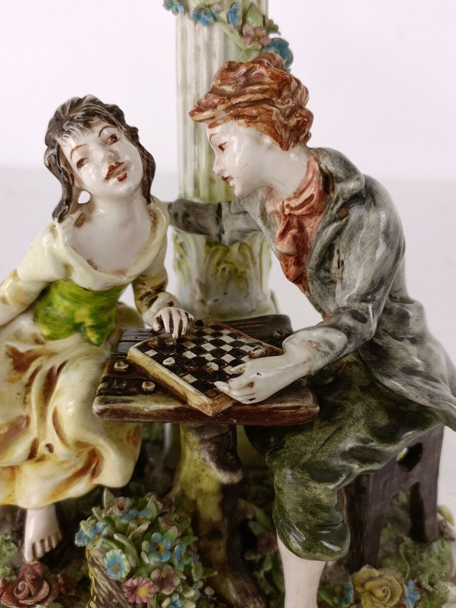 Figurine Statue  Capodimonte  Courting Couple Playing Chess  Marked Exquisite VI photo vintage