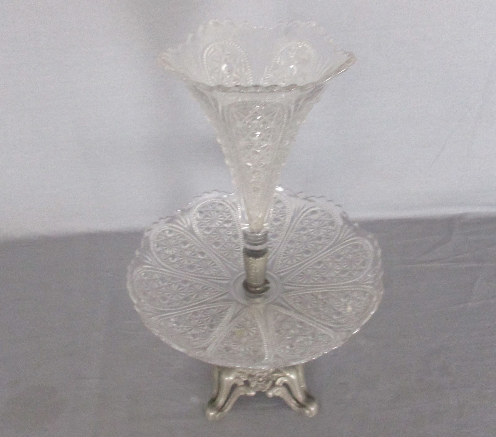 French  Epergne Trumpet Double Vase Clear Glass Center Table Piece Pique Fleur F photo furniture