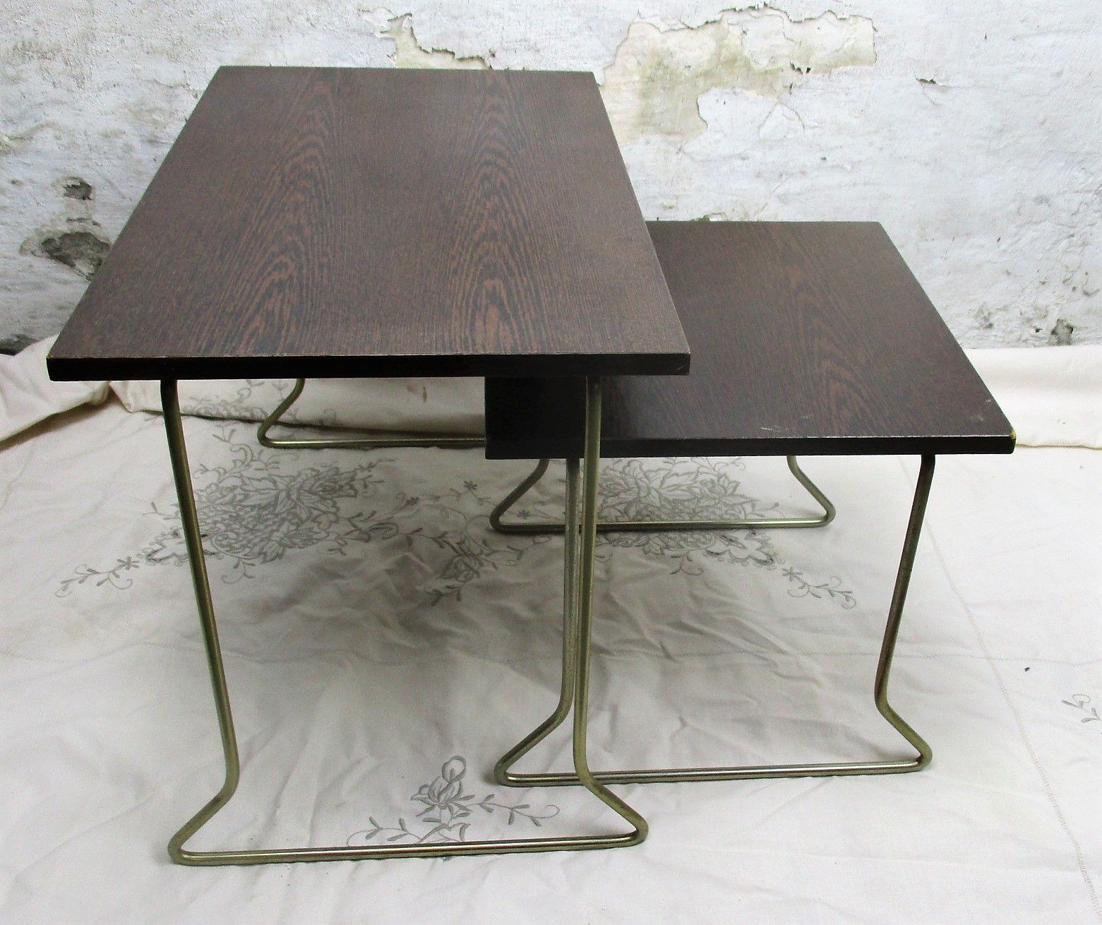 photo furniture Vintage Wooden Nesting Side Tables Danish Modern Style Mid Century 2 Pieces
