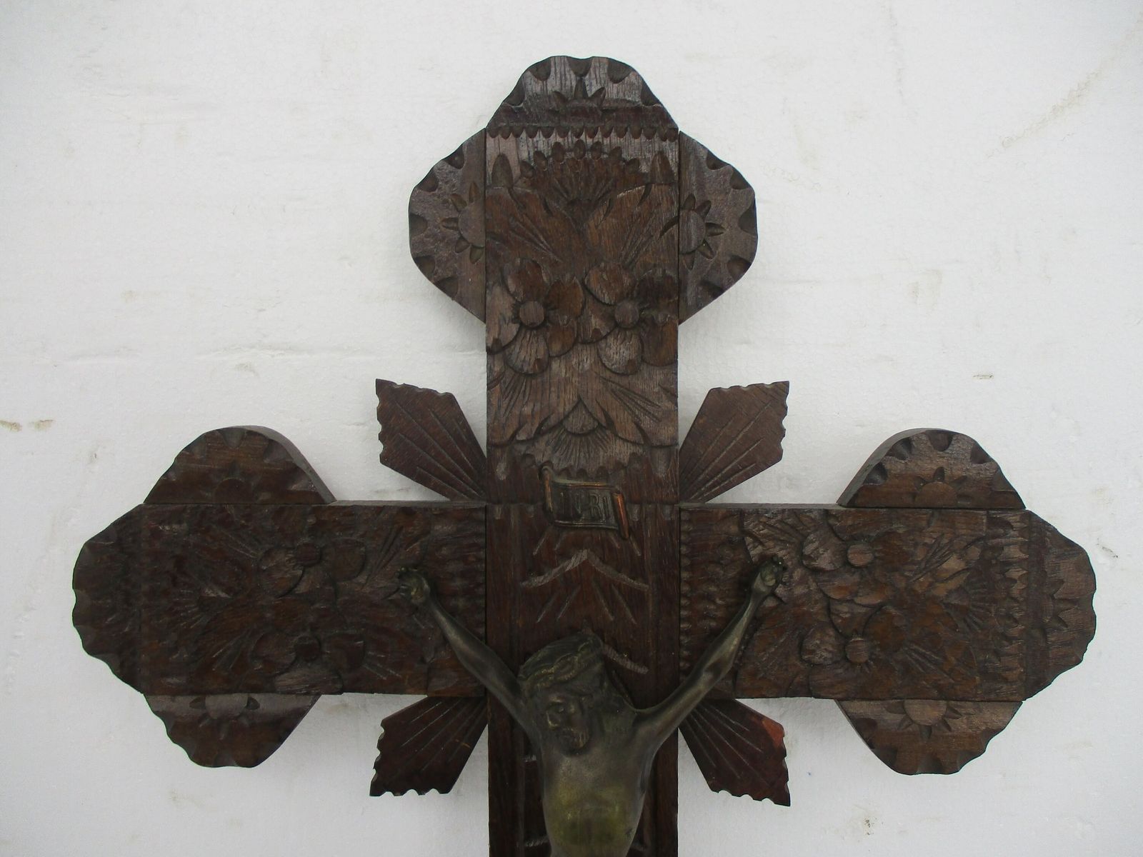 Ornate Hand Carved Wood Wall Hanging Crucifix Cross Jesus Christ Brass Corpus St photo for sale