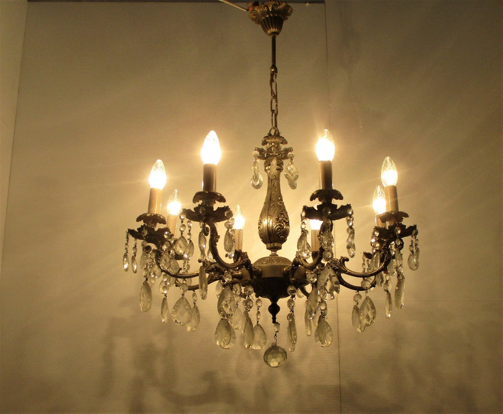 Vintage Chandelier 8 Lights Arms Art Glass Prisms Spelter Hollywood Regency photo for sale