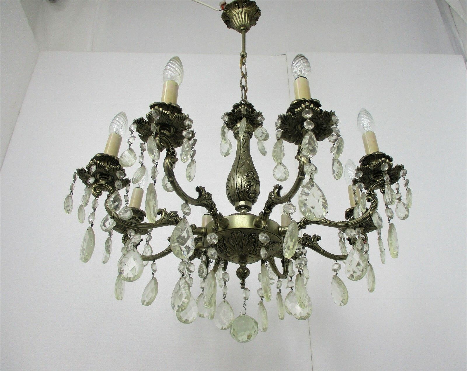 Vintage Chandelier 8 Lights Arms Art Glass Prisms Spelter Hollywood Regency photo 408.0