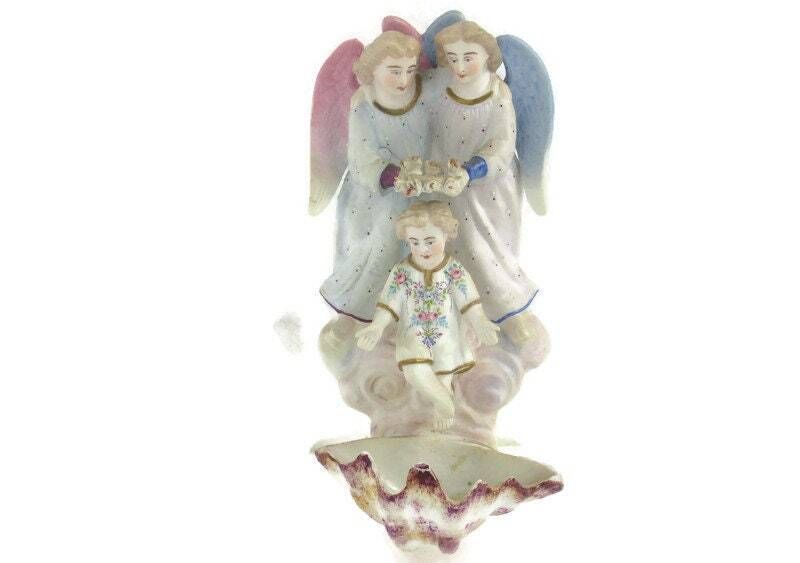 Stunning French Holy Water Font Vessel Infant Angels Flower Crown Bisque Htf
