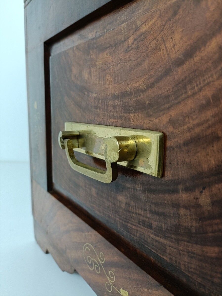Antique Wedding Chest Trunk  Ornate Hand Carved Wood Inlay  Brass Handles Tray W photo vinterior