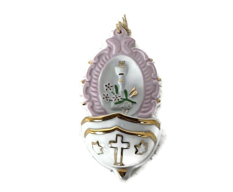 Sweet Little Antique Porcelain Holy Water Font Vessel Communion Wall Hanging