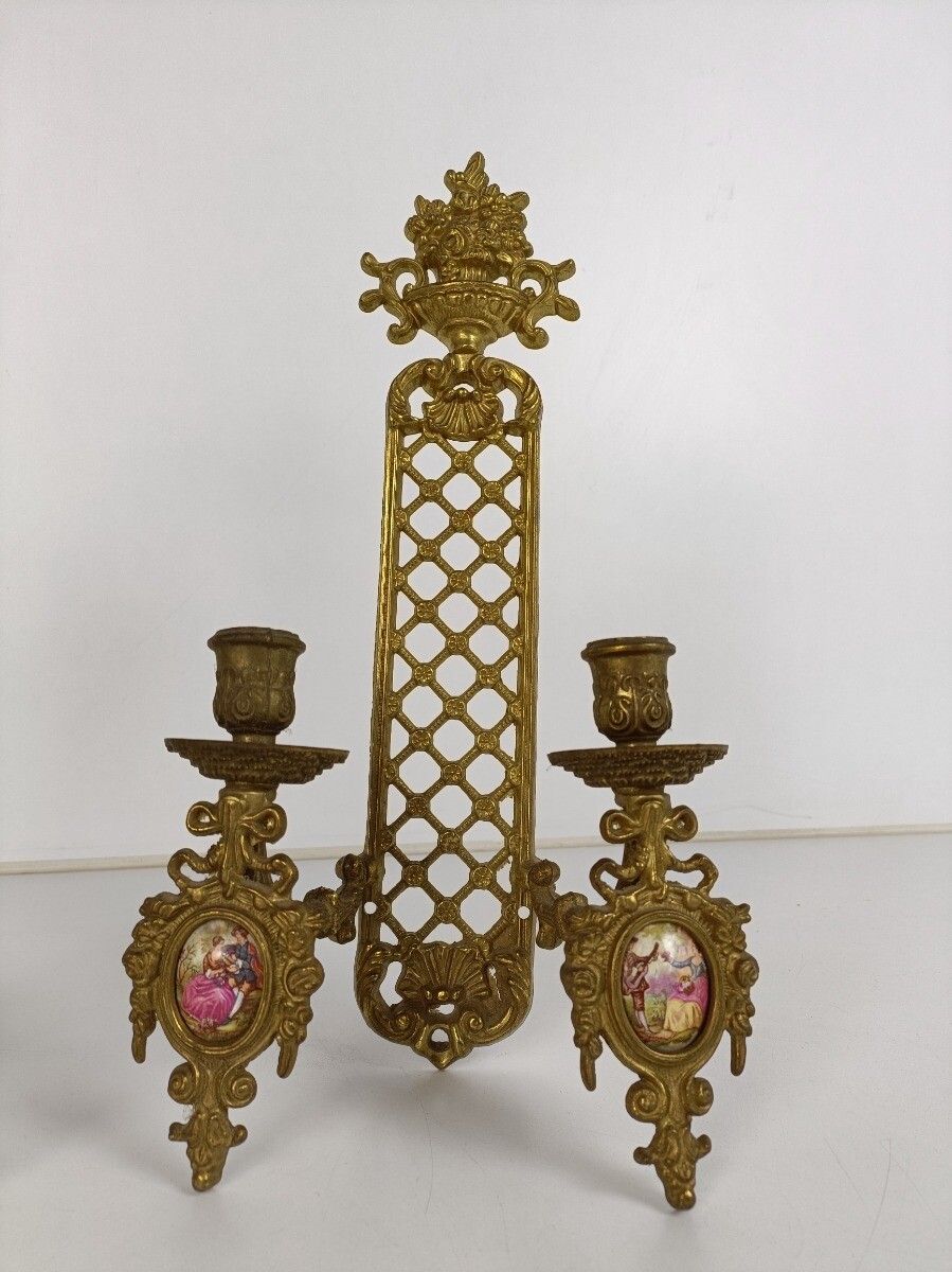 Pair French Brass Wall Sconces Candelabras Victorian Era Limoges Sevres Ornate photo Lighting