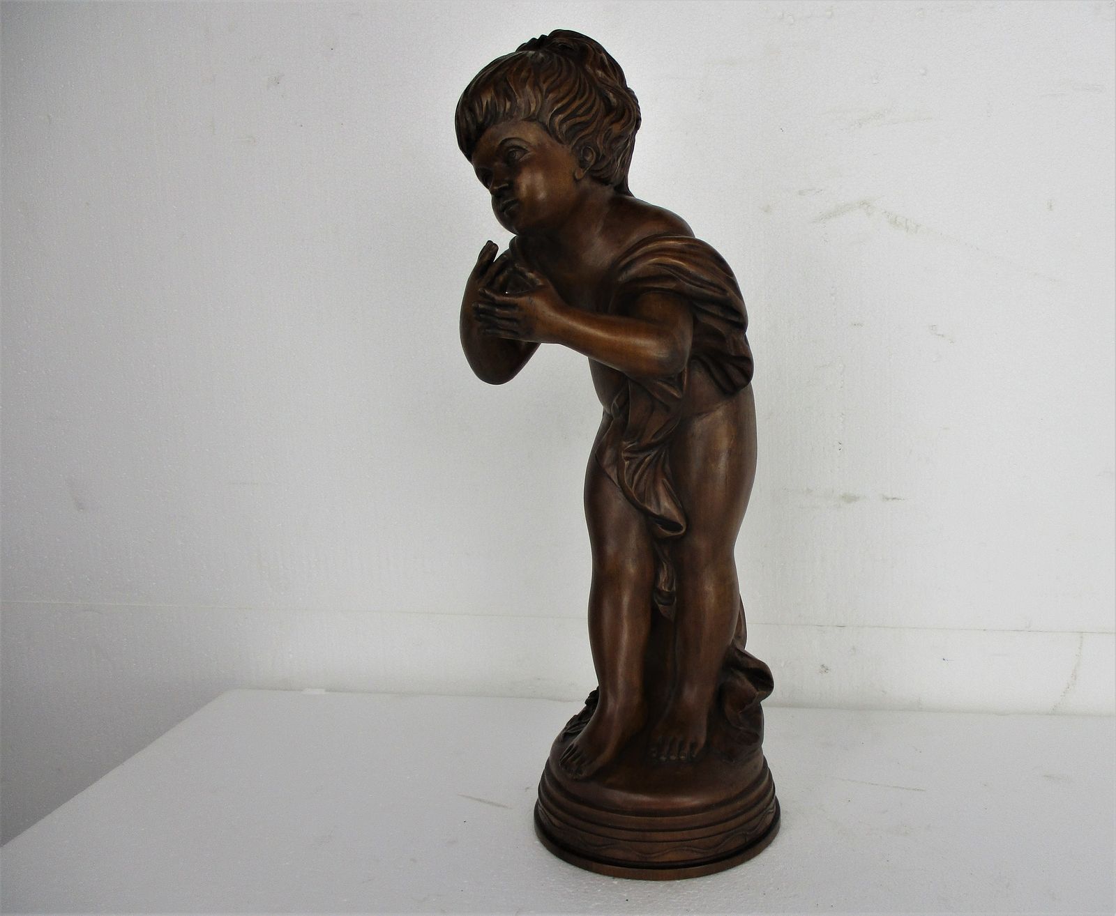 L Hand Carved Wood Statue Little Boy Cherub Putti Signed De Hondt Willy Piece Of photo buy