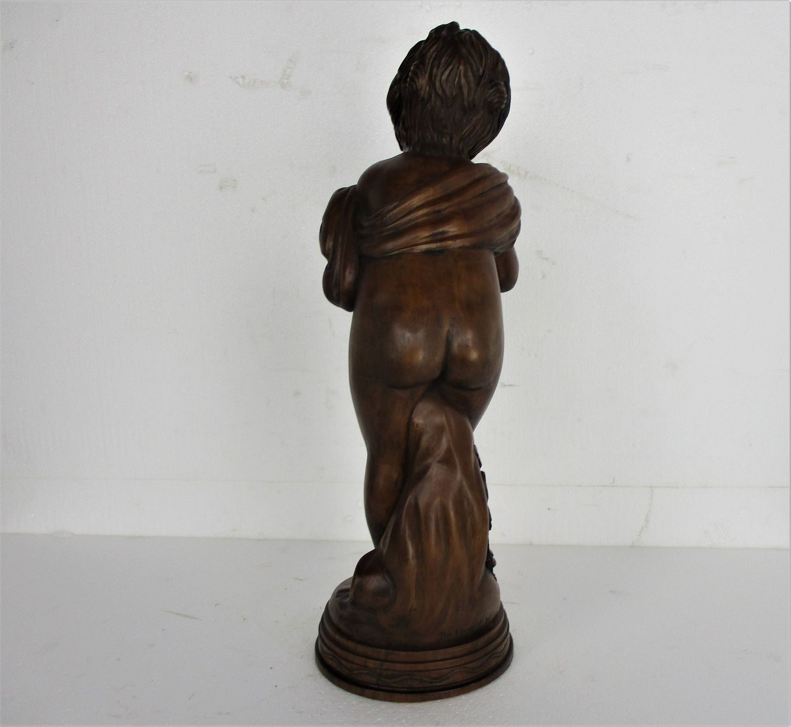 L Hand Carved Wood Statue Little Boy Cherub Putti Signed De Hondt Willy Piece Of photo vintage