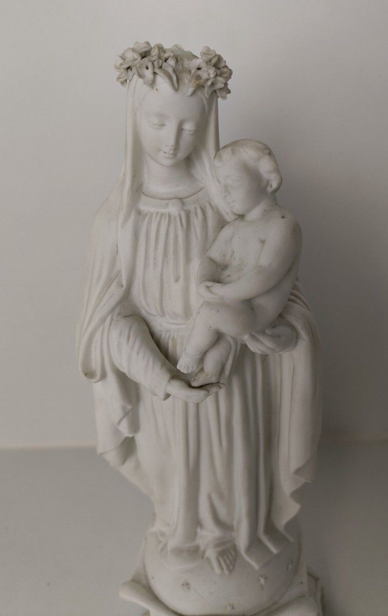 Antique 1900 Bisque Statue Virgin Mary Our Lady Madonna Infant Jesus Exquisite F photo furniture