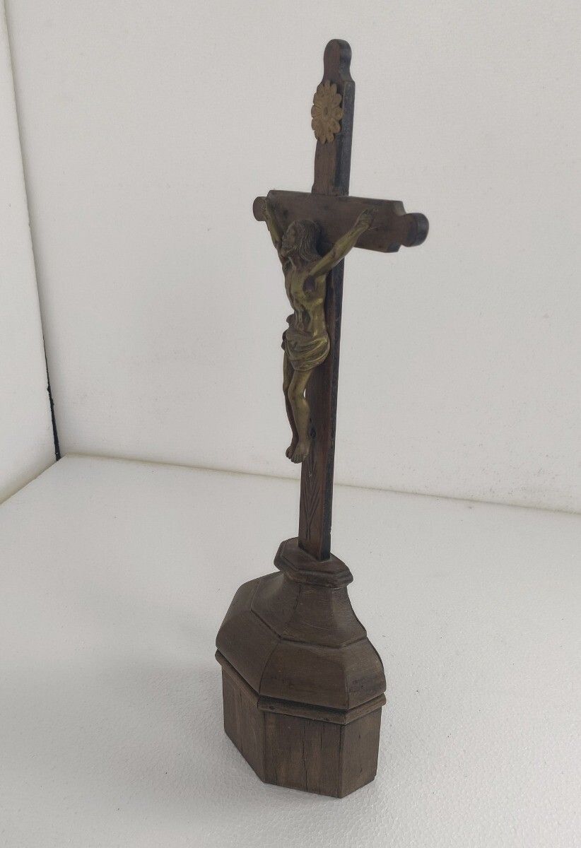 Standing Crucifix Cross Hand Carved Wood Brass Corpus French Magnificent  Antiq photo vintage
