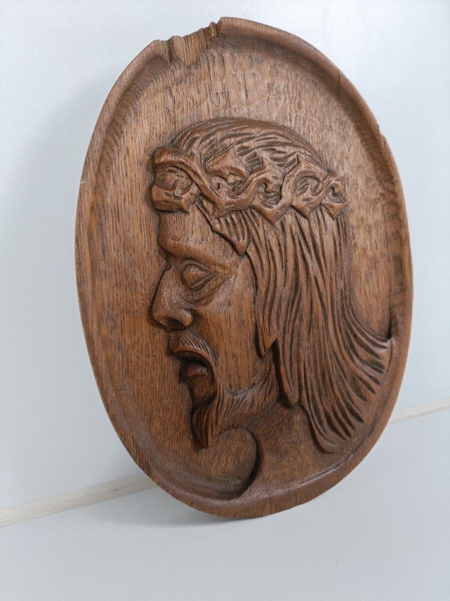 Oval Hand Carved Wood Panel Plaque Christ  Jesus Ornate Bas Relief Oak Antique photo for sale
