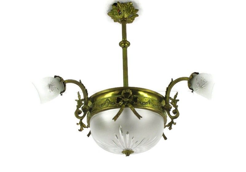 Art Nouveau Chandelier French Bronze Doré Etched Glass Ornate Gorgeous 4 Lights