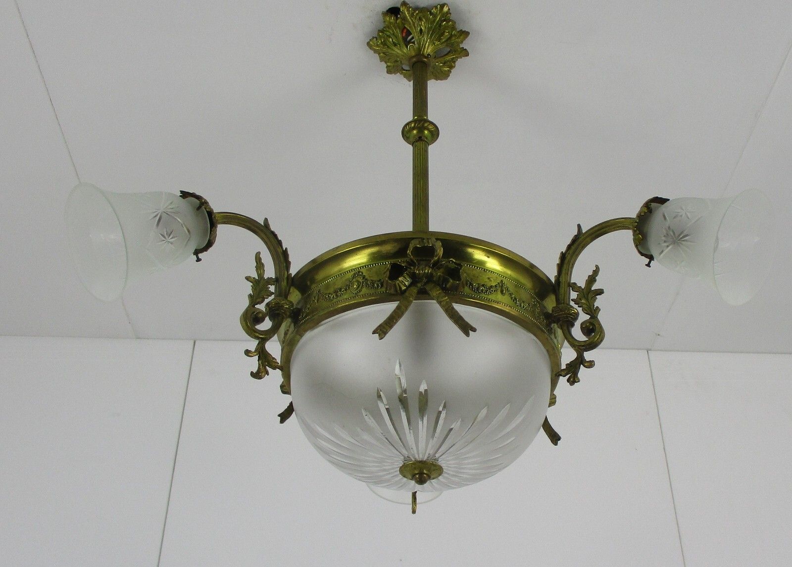 Art Nouveau Chandelier French Bronze Doré Etched Glass Ornate Gorgeous 4 Lights photo for sale