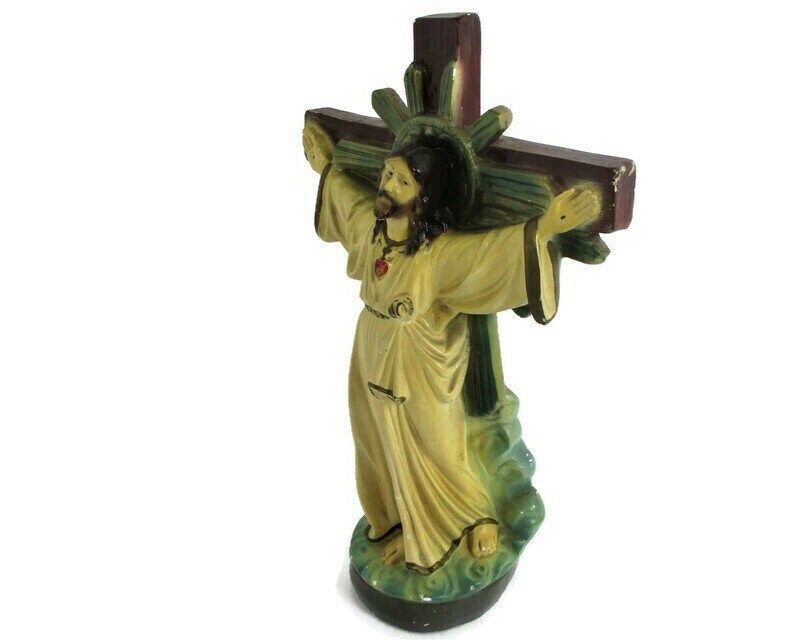Statue Jesus Christ Savior Sacred Heart Plaster Polychrome Jesus Hanging On The